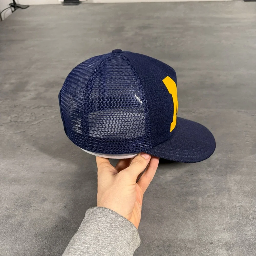 Vintage Michigan Wolverines Snapback Hat Trucker Cap Navy Blue Big Logo USA Made